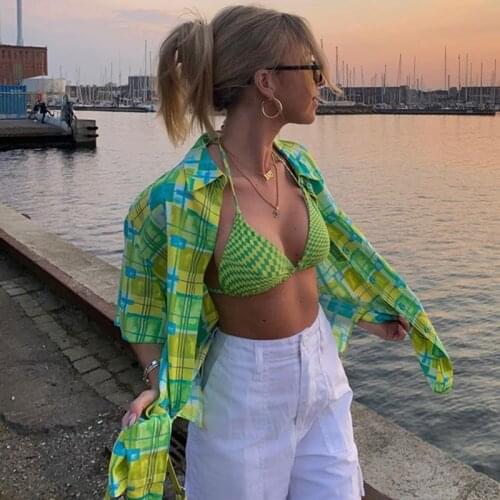 Super Chic Green Plaid Shirt Short Sleeve Summer Women Tops Beach Style Turn-down Collar Button Up Women Blouses Korean Fashion