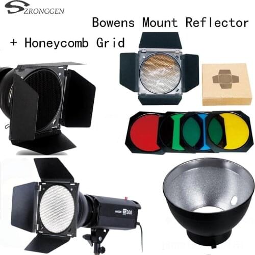 Hot Godox Bowens Mount Reflector for Studio Flash + BD-04 Barn Door Honeycomb Grid +4 color Filter