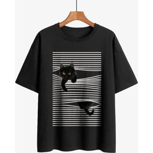 Funny Line Cat Print Casual T-Shirts Men Women Casual Short Sleeve Cotton T-Shirts Tops