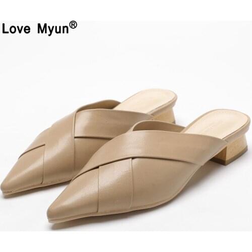 Women Female Fashion Casual Crossed Knit Pointed Toe Half Slides Med Chunky Heels Woman Slippers Scuff Mules Shoes 869