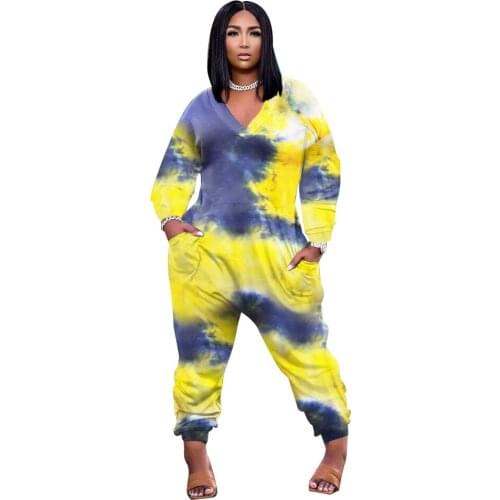 Women Casual Wear Fashion Tie-dye Plus Size Jumpsuit Sexy Jumpsuit Clubwear C-neck Long Sleeve Jump Suit Autumn Clothing Woman