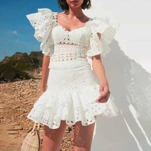 Pure color hollow summer skirt suit 2021 new short square neck lace sleeve top high waist stitching short skirt