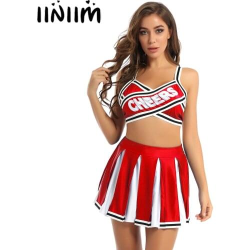 Women Adults Cheerleader Costume Uniform Elastic Striped Shoulder Straps Back Cross Crop Top with High Waist Pleated Skirt