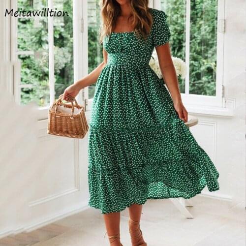 Summer Chiffon Beach Dress Women Sundress 2020 Casual Puff Sleeve Square Collar Midi Dress Vintage Print Party Dresses