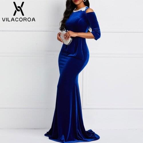 Spring Blue Gold Velvet Dress Women O-Neck Midi Sleeve Black Long Bodycon Mermaid Dress Sexy Party Costume Woman Night Dresses