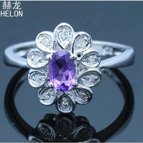 925 Sterling Silver Oval Cut 6X4mm 100% Genuine Amethyst Pave Natural Diamond Women Jewelry Engagement Wedding Gift Ring Setting
