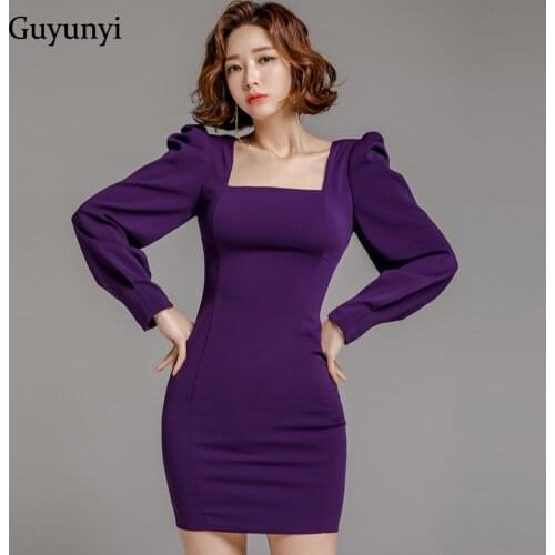 Purple Elegant Office Lady Dress 2020 Spring Autumn Simple Square Collar Puff Sleeves Temperament High Waist Party Womens Dress