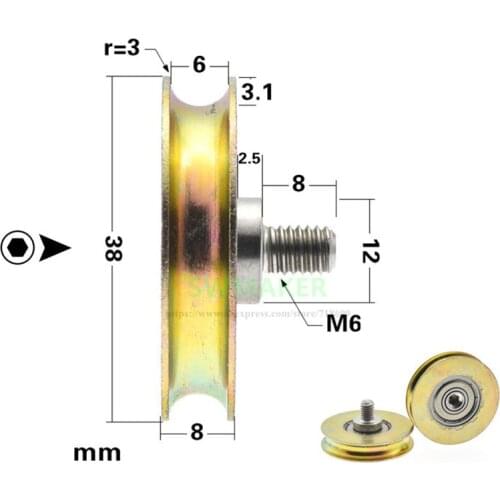 1pcs 8*38*8mm M8*38*8mm M8 M6 groove wheel 608ZZ bearing steel, U groove roller, 6mm wire rope/overhead crane/guide wheel