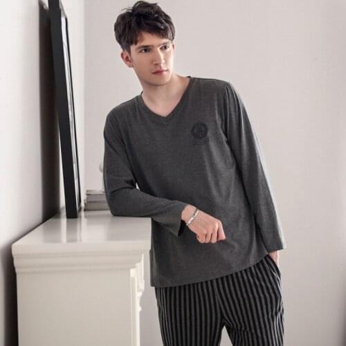 Gray Men Loose Home Wear Spring Autumn New 2PCS Pajamas Suit L-3XL Nightwear V-Neck T-shirt&Striped Pant Sleepwear Casual Pyjama