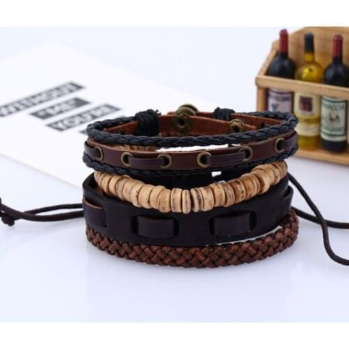 4pcs/set Boho Punk Hippie Brown Black Wrap Leather Knot Copper Rivert Charm Coconut Beige Wood Bead Layers Bracelets Bangles Man