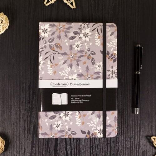 A5 Hardcover Notebook Dotted Bullet Travel Journal Grey Flowers Floral Elastic Band Planner Diary