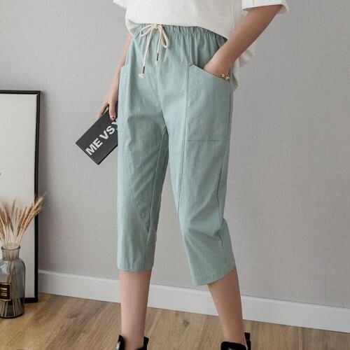 Women Summer Calf-Length Pants Fashion Elastic Waist Cotton Linen Casual Summer Trousers Harem Pants