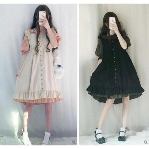 Women 2 colours Cute Ruffle Lolita Dress Japanese Kawaii Girls Maid Vintage Lace Bubble Dress With Apron vest apron vest dress