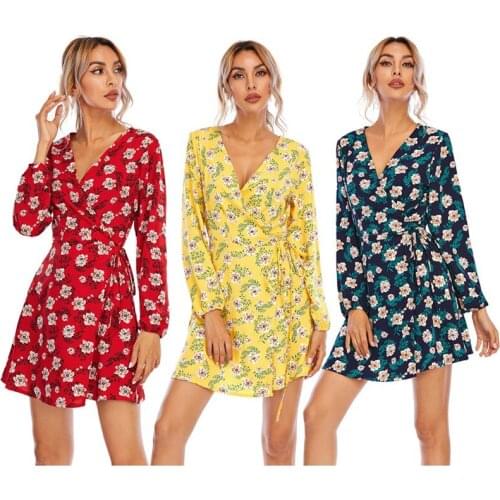 Elegant Fashion Long-sleeved Casual Dresses Summe Fashion Printed Slim Dress Women V-neck Casual Dot Print Dress