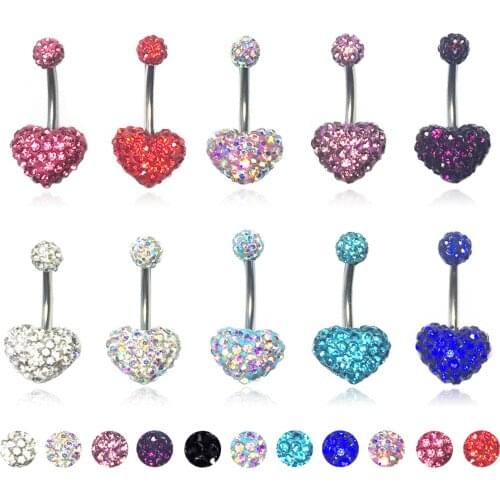 Women Heart Crystal Belly Ring Bars Belly Button Rings Belly Piercing Sexy Crystal Heart Body Jewelry Navel Piercing Rings