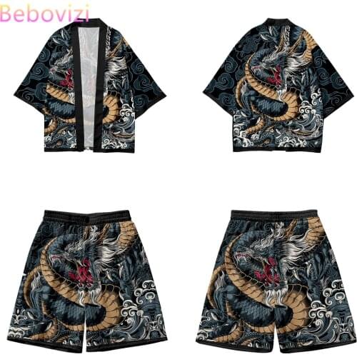 Yukata Suit Harajuku Print Kimono Shorts Sets Summer Two-piece Suit Japanese Anime Dragon Cardigan Women Men Cosplay Haori
