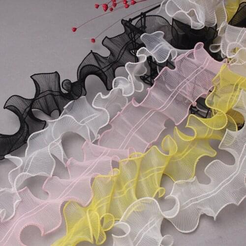 2YD 7cm Pleated Organza Overlock Lace Clothing Shoes Hat Accessories DIY Manual Center Line Positioning Fold Lace
