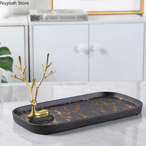 Marble Pattern Bathroom Storage Tray Household Shelf Ornaments Golden Elk Rectangular Tray Nordic Home Decoration Accessories