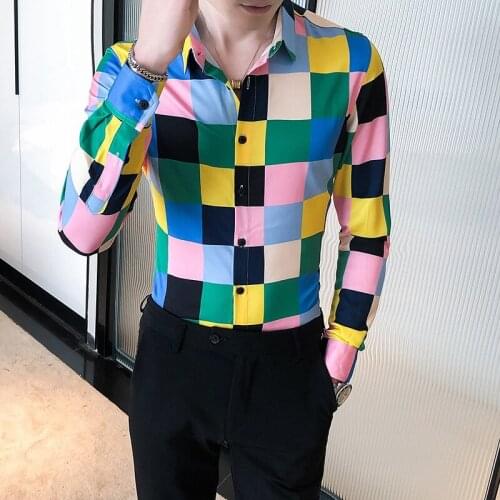 2021 Spring and Autumn Long Sleeve Shirt Mens British Style Printed Nightclub Shirt Mens Fashion Slim Dress Prom Casual Shirt