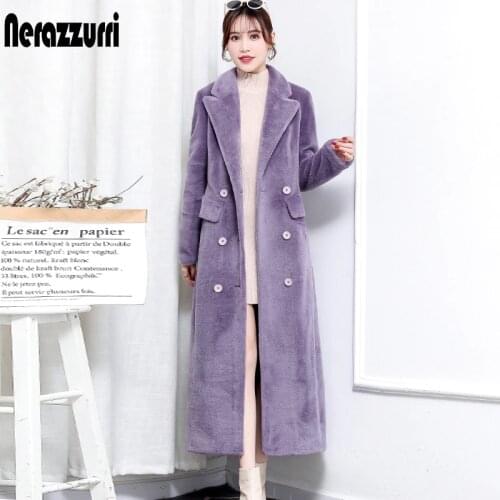 Nerazzurri Winter real fur coat women 2020 long sleeve peaked lapel Natural fur trench coats for women Long shearling lamb coat
