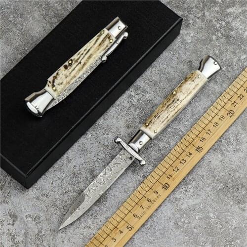 9"Swinguard, Italy AKC folding knife, mafia knifeantler handleDamascus steelhunting knife survival knife
