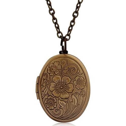 Oval Carved Flower Stripe Locket Pendant Necklace Women Vintage Ancient Brass Opening Photo Box Jewelry