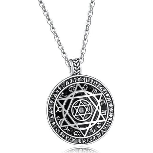 50Cm Stainless Steel Man Necklace European American Vintage Six-Pointed Star Round Card Hip Hop Pendant MenS Neck Chain Jewelry