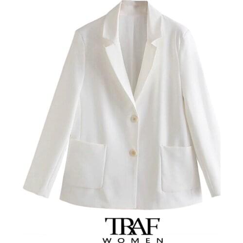 TRAF Za Women Fashion Office Wear Single Breasted Blazer Coat Vintage Long Sleeve Patch Pockets Female Outerwear Chic Tops