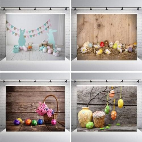 Spring Easter Brown Rustic Wood Backdrop Photography Colorful Eggs Flags Flowers Photoshoot Background For Newborn Kids