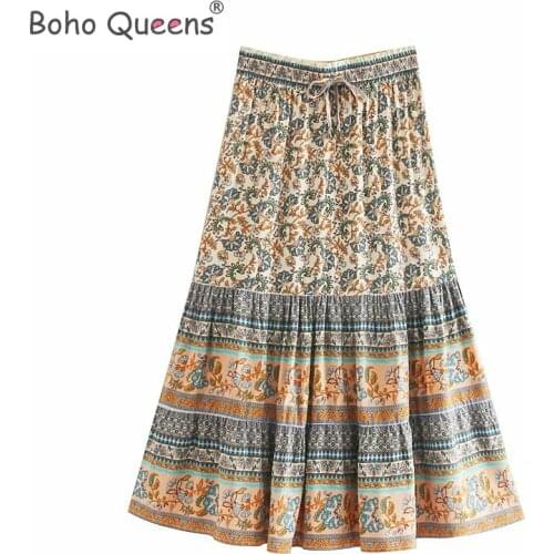 Boho Queens Hippie women floral peacock printed High Elastic Waist beach Bohemian skirt ladies Midi A-Line Boho skirt
