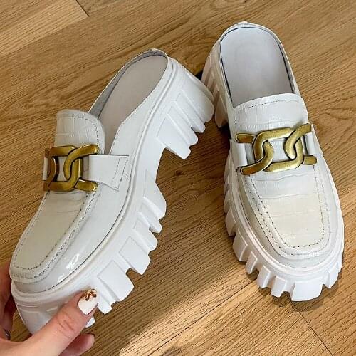Womens genuine leather chunky heel platform flats mules round toe big chain decoration casual summer punk slides daily shoes
