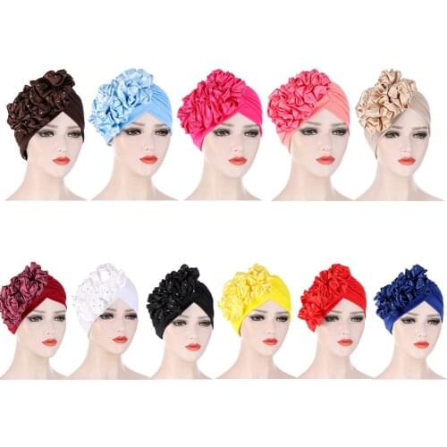 Women Flowers Ruffle Turban Caps Muslim Elastic Pearls Headscarf Bonnet Ladies Hair Accessories Indian Cap Turbante Beanies New