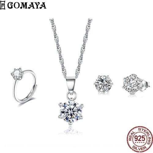 GOMAYA Simple Style Jewelry Sets For Women 925 Sterling Silver Inlay Cubic Zirconia Sets Ring Necklace Bracelet Fine Jewelry