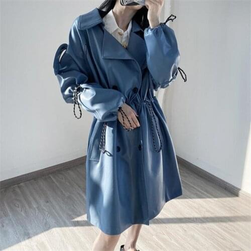 2020 Autumn New PU Leather Solid Color Trench Coat Female Lapel Double Breasted Pleated Adjustable Waist Long Loose Windbreaker