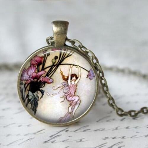 Flower Fairies Photo Necklace Angel Pendant Butterfly Bird Jewelry Glass Cabochon Chain Sweater Neckless Women Accessories