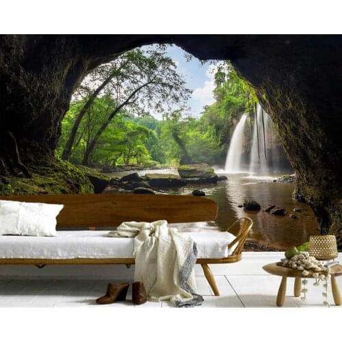 Park Waterfalls Stones Moss Cave Nature photo 3d wallpaper papel de parede forl iving room sofa TV wall bedroom kitchen cafe bar