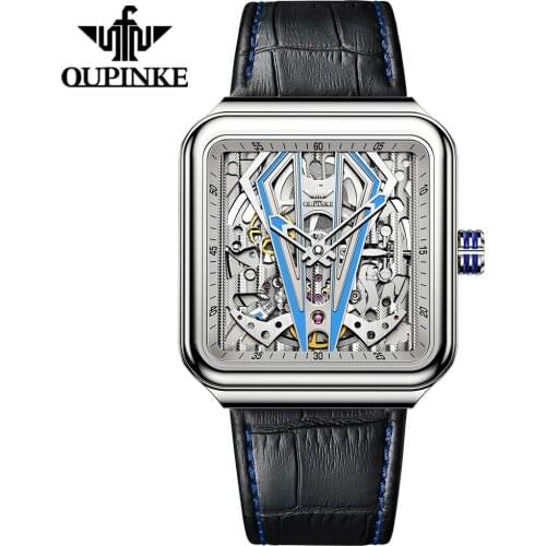 OUPINKE Automatic Watch Men Square Sapphire Crystal Skeleton Mechanical Watch Steampunk Leather Transparent Sports Wristwatch