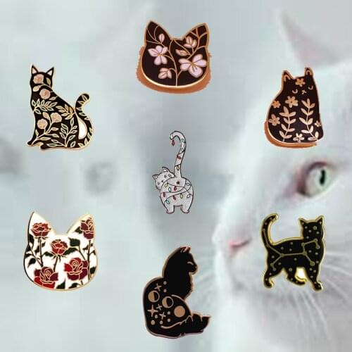 Floral Cat Enamel Pin Galaxy Kitty Moon Stars Flowers Animal Art Jewelry
