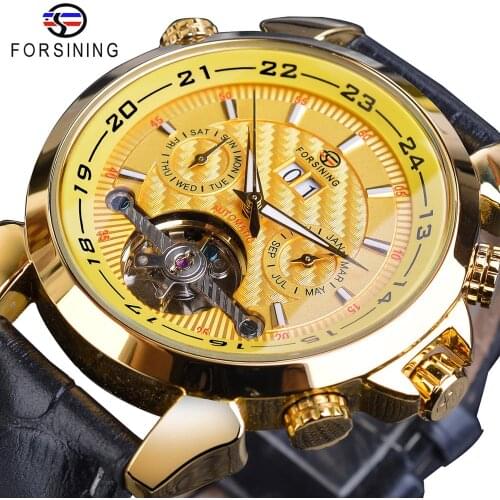 Forsining Hot Tourbillon Male Mechanical Watch Golden Grand Automatic Date Multifunction Genuine Leather Business Men Wristwatch