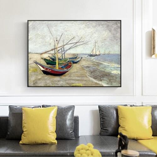 Fishing Boats on The Beach Van Gogh Canvas Painting Seascape Posters and Prints Cuadros Wall Art Pictures for Living Room Decor
