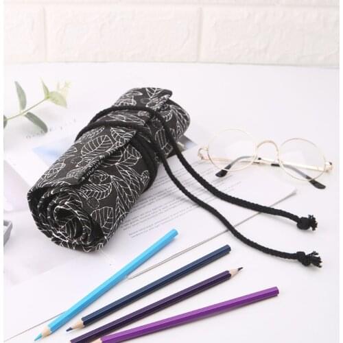 Beautiful Leaf Printed School Pencil Case Roller 12/24/36/48/72 Holes Canvas Roll Up Makeup Pen Bag For Stationery Wholesale