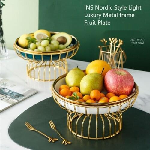 Kitchen Ceramic Fruit Plate with Gold Iron art Holder Snack Serving Tray Bowl Party Dry Food Display Stand Fruit Candy Shelves