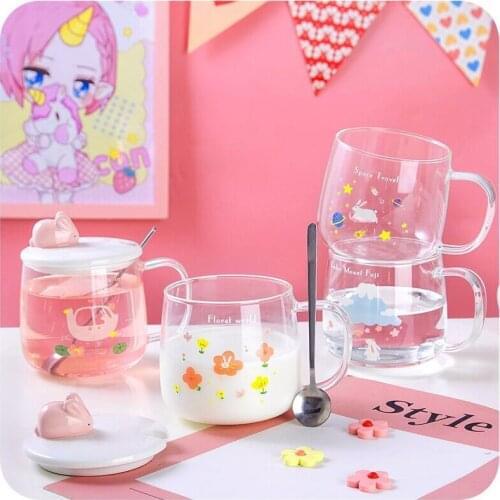 Cute Rabbit Glass mug with Bunny cover and Spoon Pink Transparent coffee mugs Cartoon Juice Milk Home Water Cup for Student Girl