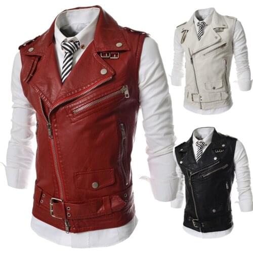 Mens Leather Vest Slim Fit Multi-Zipper Lapel Short Leather Vest Sleeveless Jacket Casual Pocket Waistcoat Windproof Solid