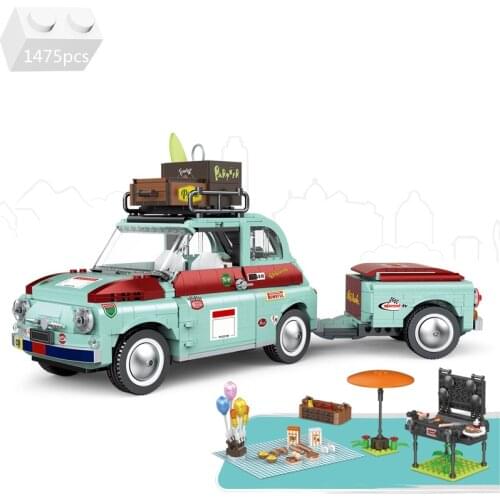 2021 NEW Creator Expert Tourist Picnic Car Party Trailer Tractor Building Blocks Kit Bricks Transport Vehicle Kids Toys Gifts
