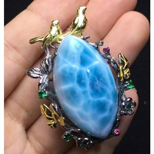 High Quality Beautiful Marquise Natural Larimar 925 Sterling Silver Bird Pendant Necklace For Women Gift