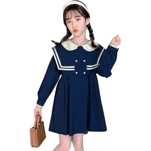 Girls School Dress Solid Color Girls Party Dress Casual Style Kids Dress Spring Autumn Clothes Girl 6 8 10 12 14