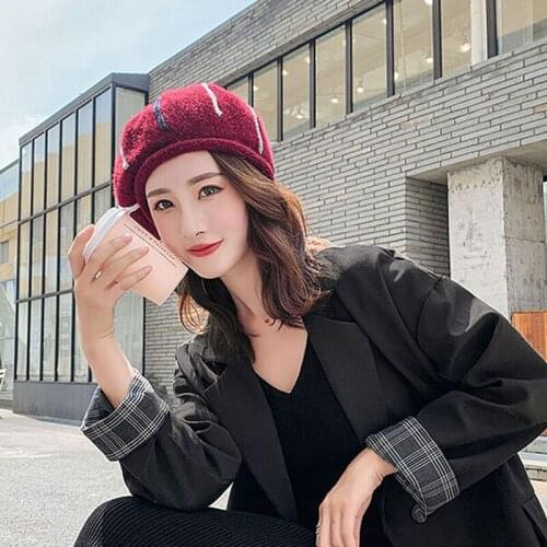 Fashion Autumn Winter Women Stripe Berets Warm Plush Woolen Blended Winter Beanie Hats French Artist Painter Hat Female Cap Gift