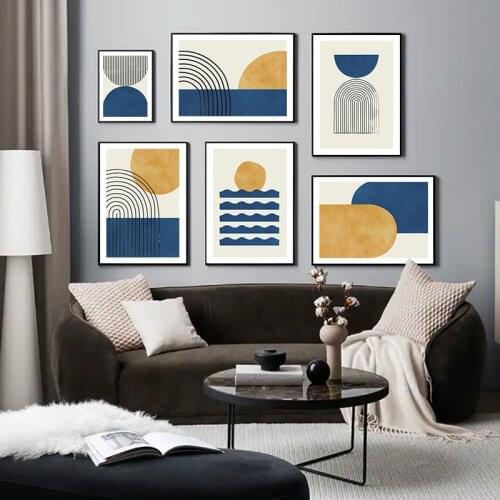 Modern Line Drawing Geometric Canvas Painting Blue and Yellow Poster and Print Minimalist Wall Art for Living Room Decor Picture
