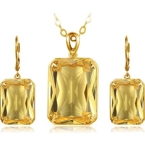 Szjinao 14K Gold Jewelry Set For Women Shiny Rectangle Yellow Crystal Pendant Earrings With Lever Backs Real Silver 925 Jewelery